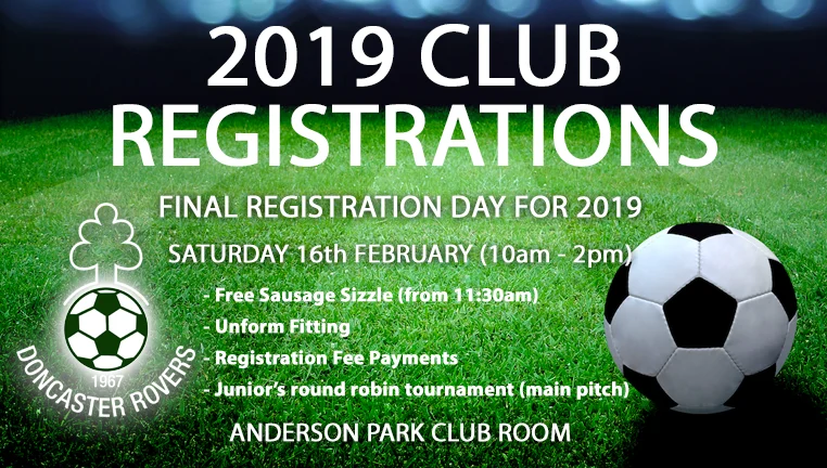 Poster for the final 2019 registration day, Saturday 16 February 10am to 2pm at Anderson Park club room, with a free sausage sizzle from 11.30am, uniform fitting, fee payments and a juniors round robin tournament.