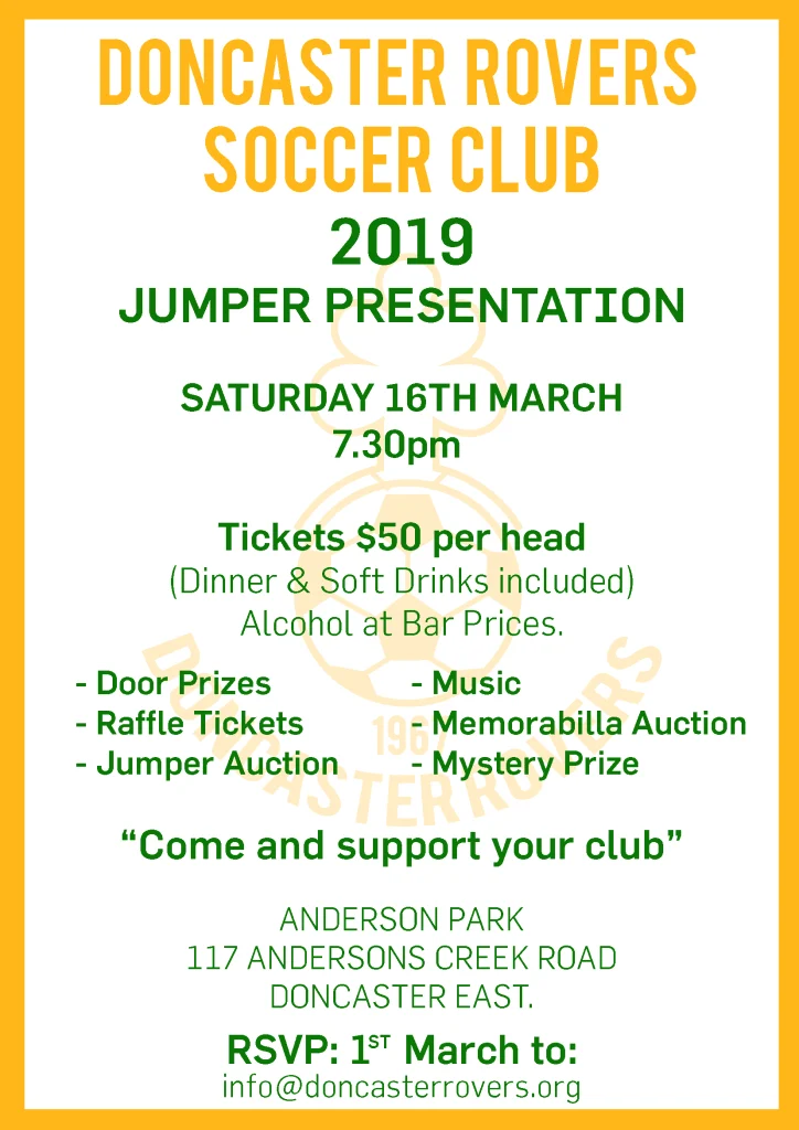 Poster for the 2019 jumper presentation night, Saturday 16 March 7.30pm at Anderson Park, 117 Andersons Creek Road, Doncaster East. Tickets $50 a head including dinner, with door prizes, raffles, a jumper auction, music, a memorabilia auction and a mystery prize.