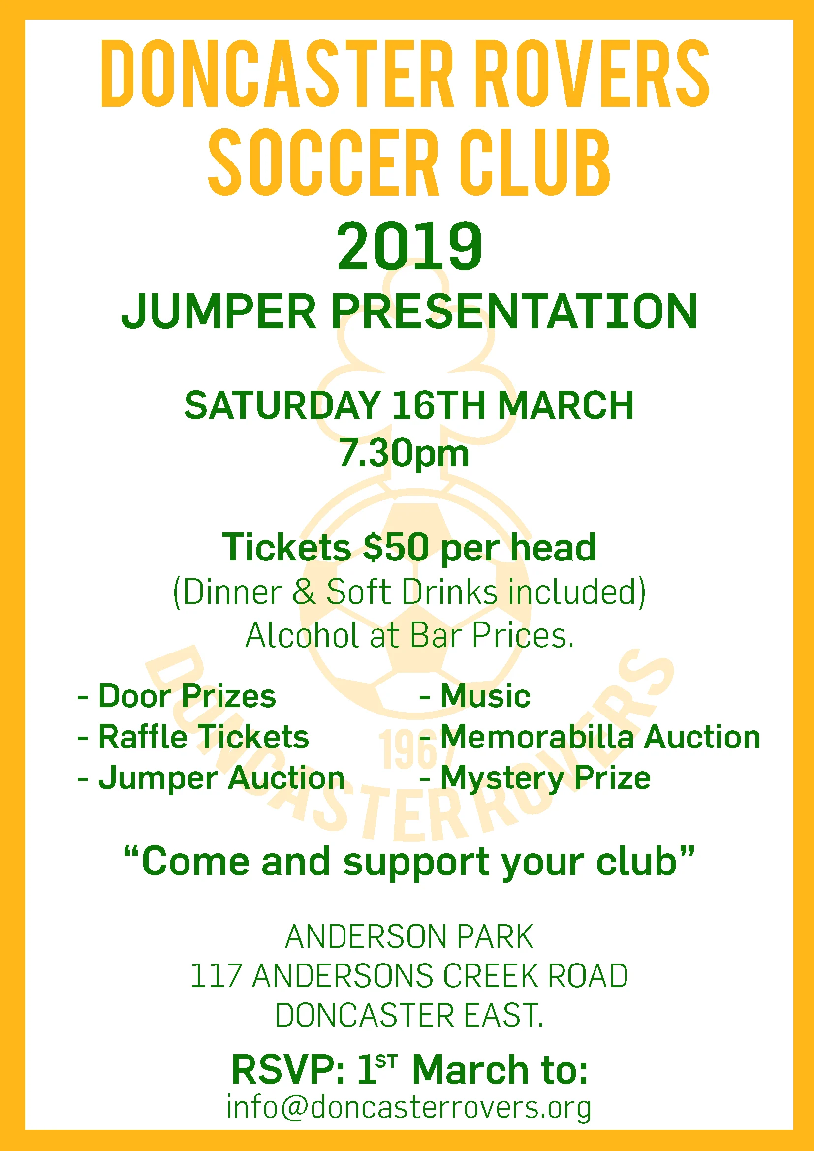 Poster for the 2019 jumper presentation night, Saturday 16 March 7.30pm at Anderson Park, 117 Andersons Creek Road, Doncaster East. Tickets $50 a head including dinner, with door prizes, raffles, a jumper auction, music, a memorabilia auction and a mystery prize.
