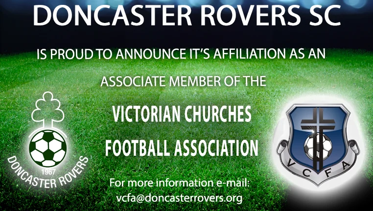 Announcement that Doncaster Rovers SC has affiliated as an associate member of the Victorian Churches Football Association, showing both club crests.