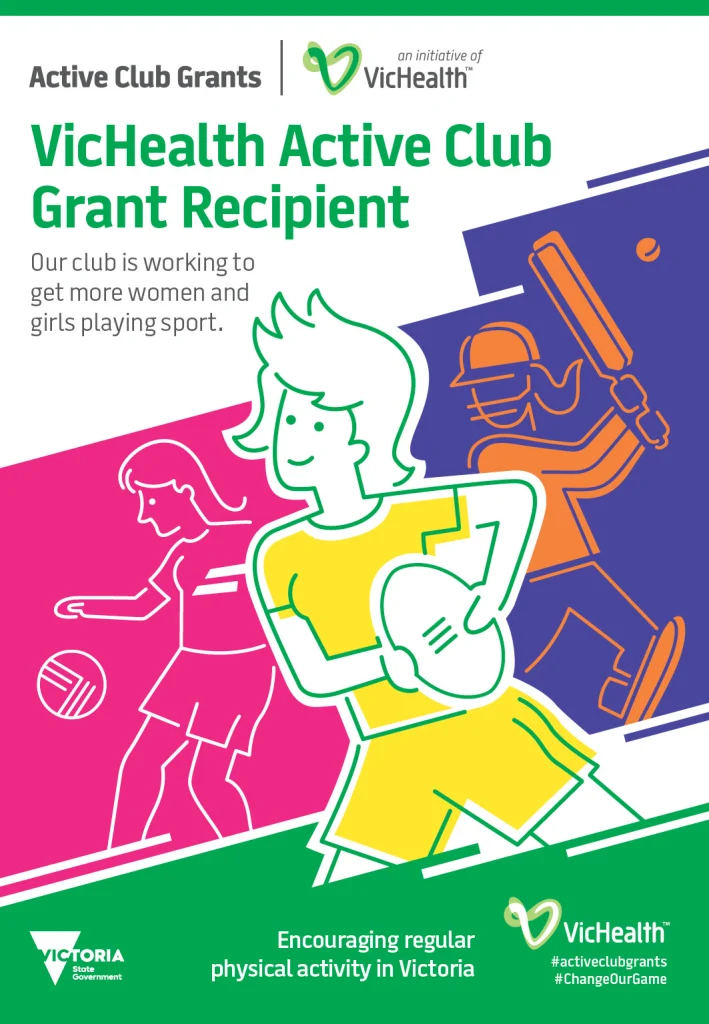VicHealth Active Club Grants notice naming Doncaster Rovers a grant recipient, with the line “our club is working to get more women and girls playing sport”.