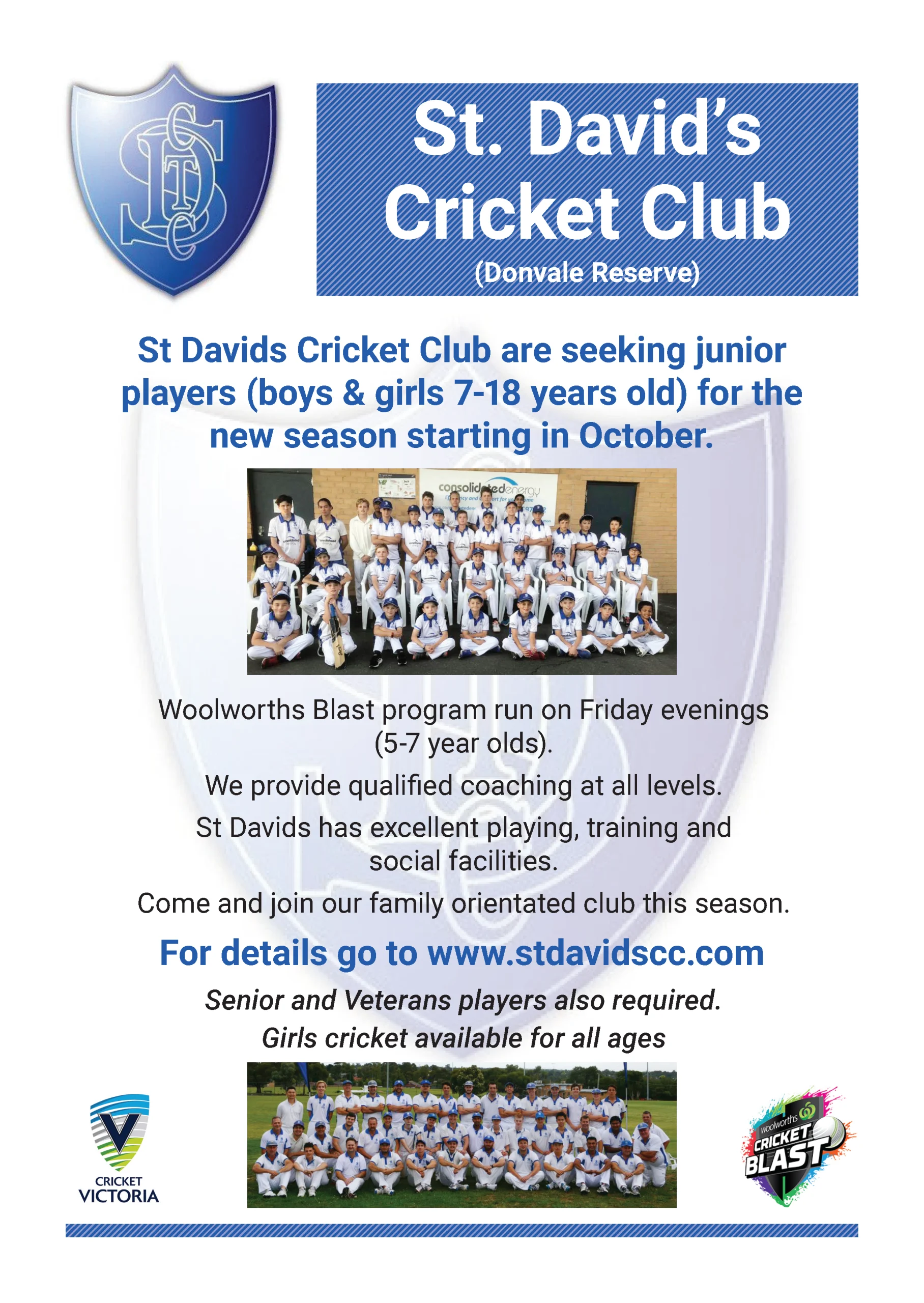 Notice from St David's Cricket Club at Donvale Reserve seeking junior players aged 7 to 18 for the season starting in October, with a Woolworths Blast program on Friday evenings for 5 to 7 year olds and girls cricket available at all ages.