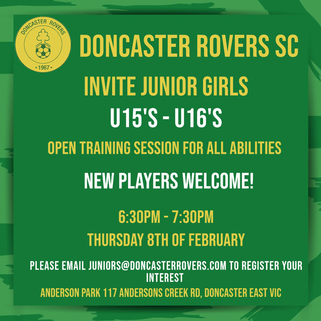 Invitation to junior girls in the under 15 and under 16 age groups for an open training session for all abilities, 6.30pm to 7.30pm on Thursday 8 February at Anderson Park. New players welcome.