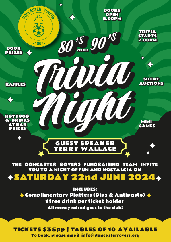 Poster for the club's 80s versus 90s trivia night, Saturday 22 June 2024. Doors open 6pm and trivia starts 7pm, with guest speaker Terry Wallace, door prizes, raffles, silent auctions and mini games. Tickets  a person with tables of ten, including complimentary platters and a free drink.