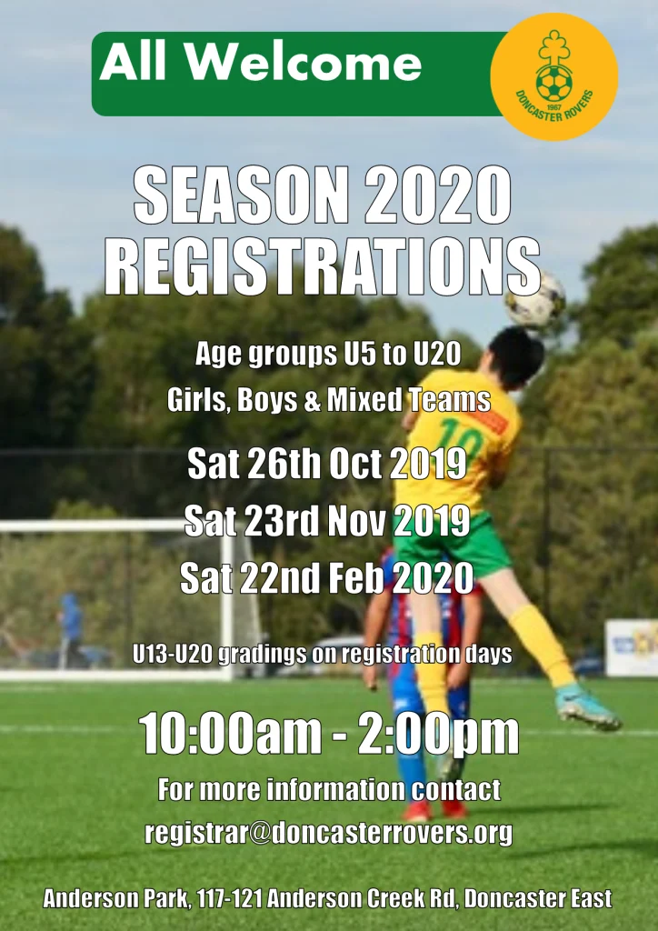 Poster for season 2020 registrations, age groups under 5 to under 20 in girls, boys and mixed teams. Registration days Saturday 26 October 2019, Saturday 23 November 2019 and Saturday 22 February 2020, 10am to 2pm at Anderson Park.