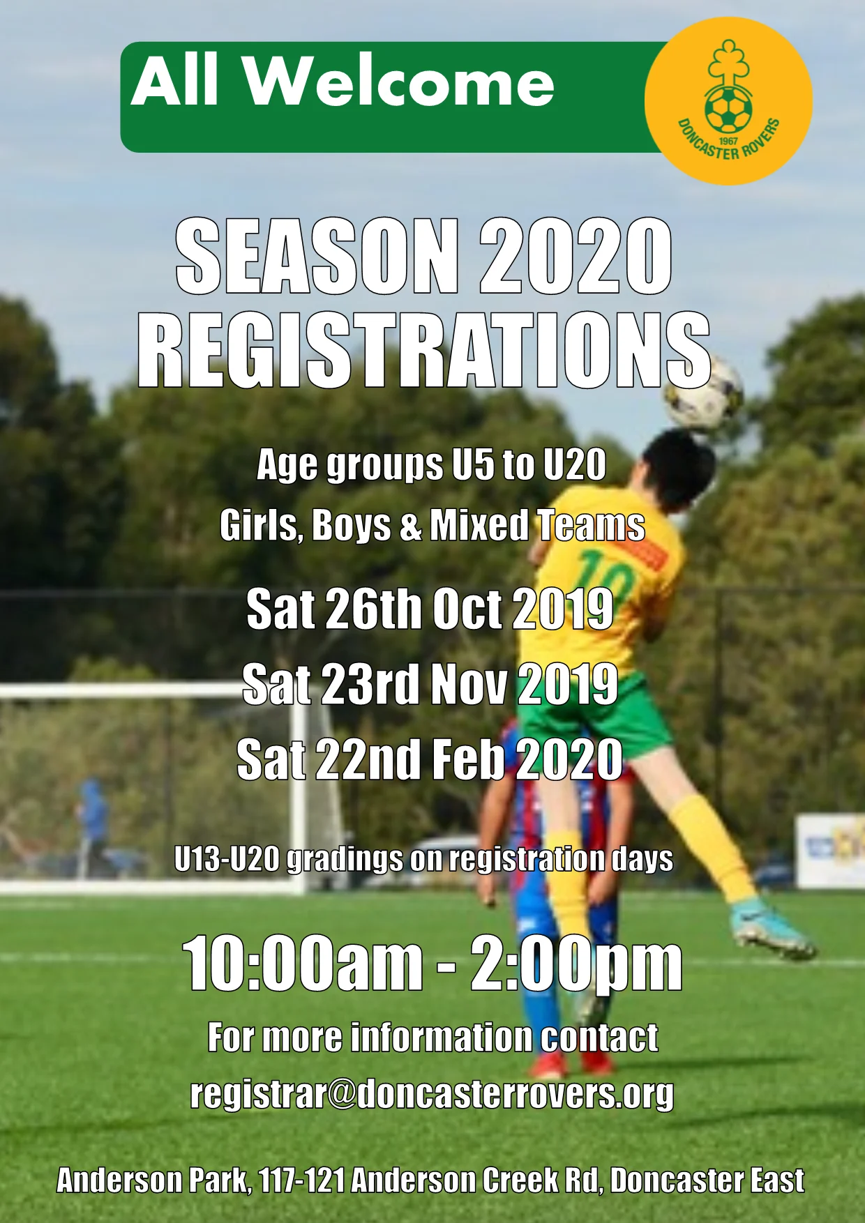 Poster for season 2020 registrations, age groups under 5 to under 20 in girls, boys and mixed teams. Registration days Saturday 26 October 2019, Saturday 23 November 2019 and Saturday 22 February 2020, 10am to 2pm at Anderson Park.