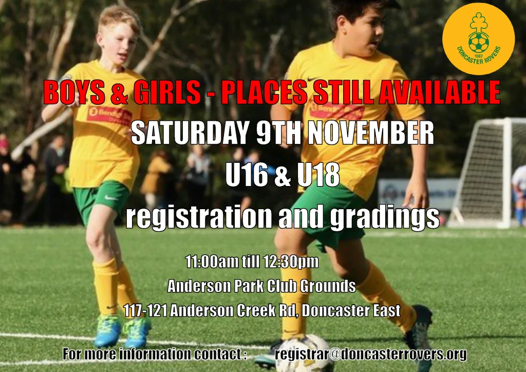 Notice that places remain for under 16 and under 18 registration and grading, Saturday 9 November 11am to 12.30pm at Anderson Park club grounds, over a photo of two junior players competing for the ball.