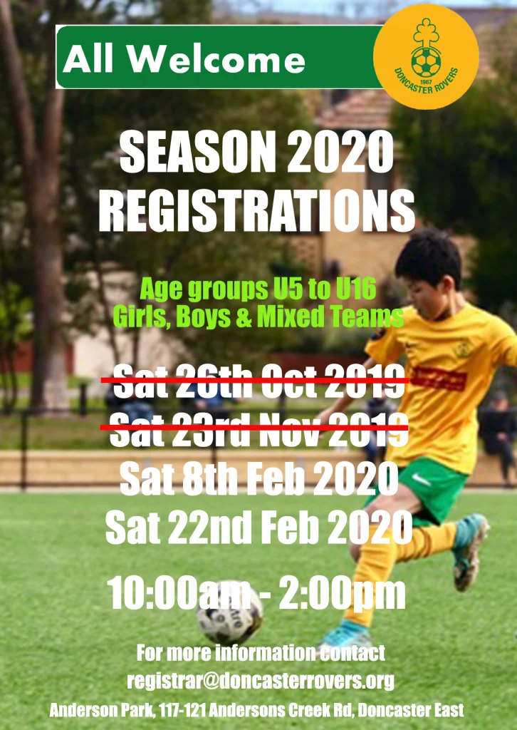 Revised season 2020 registration poster. The October and November dates are struck through and replaced with Saturday 8 February and Saturday 22 February 2020, 10am to 2pm, for age groups under 5 to under 16.