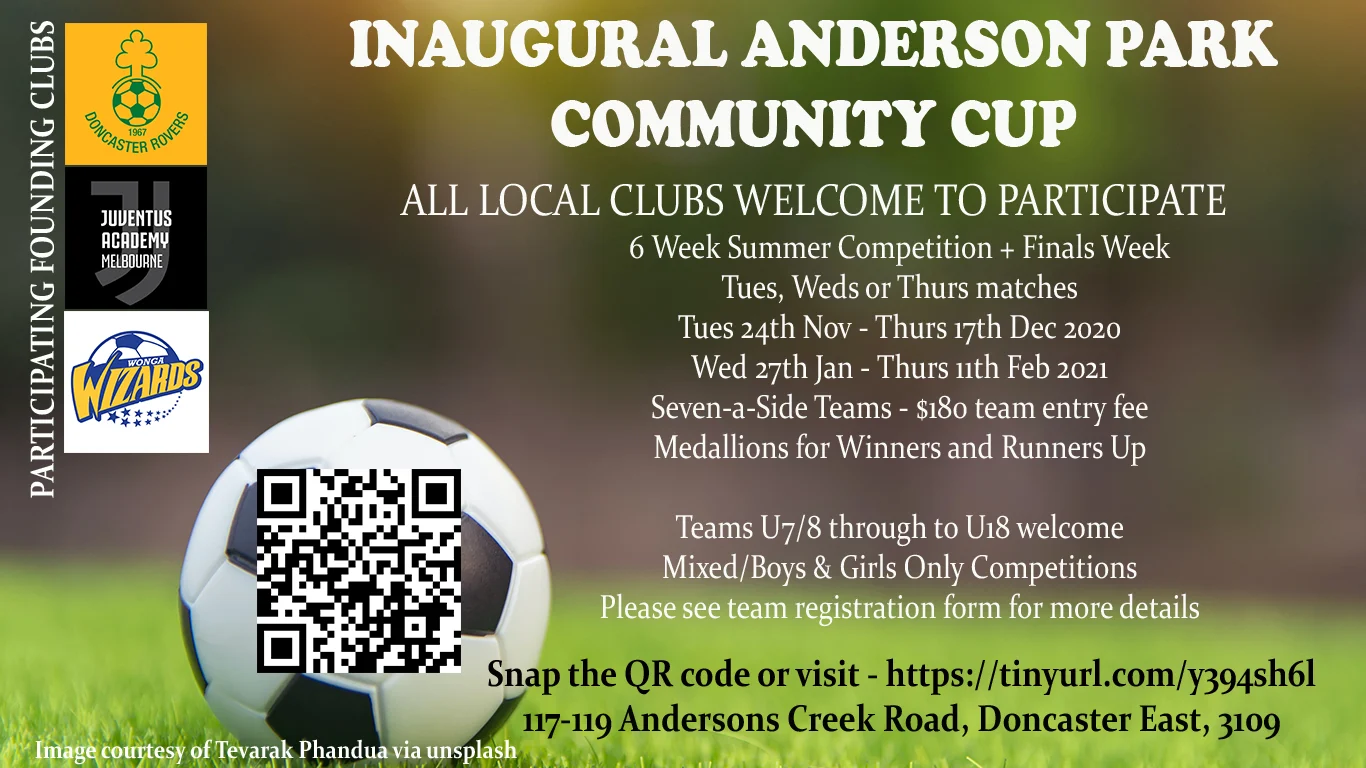 Poster for the inaugural Anderson Park Community Cup, a six week summer seven-a-side competition open to all local clubs, running November 2020 to February 2021. Teams under 7 and 8 through to under 18, mixed, boys and girls only competitions, $180 team entry.