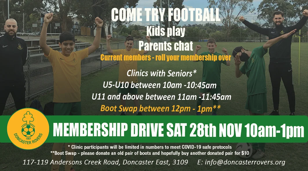 Come and try football poster for the membership drive on Saturday 28 November, 10am to 1pm, with clinics run alongside senior players and a boot swap, at Anderson Park.