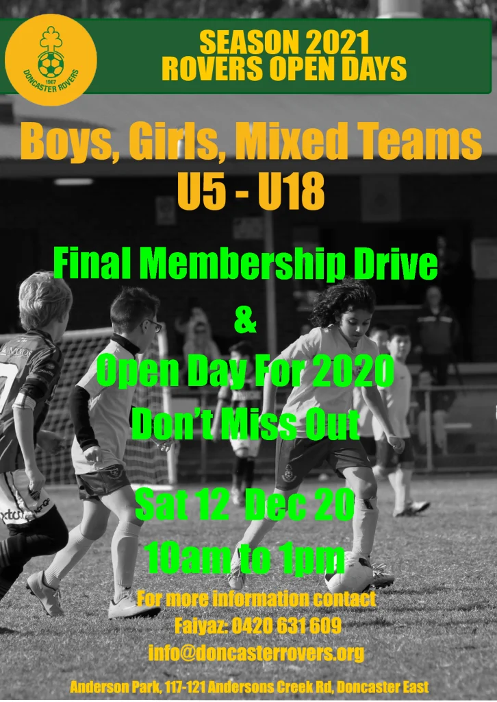 Poster for the final 2020 membership drive and open day, Saturday 12 December, 10am to 1pm, for boys, girls and mixed teams under 5 to under 18.
