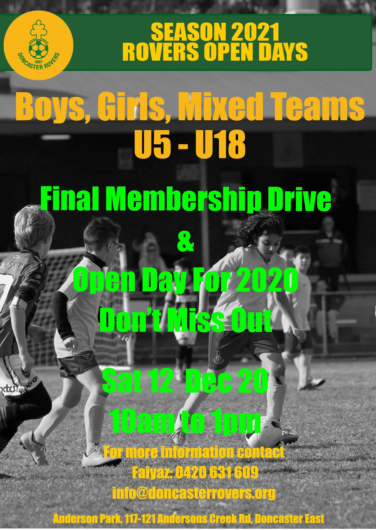 Poster for the final 2020 membership drive and open day, Saturday 12 December, 10am to 1pm, for boys, girls and mixed teams under 5 to under 18.