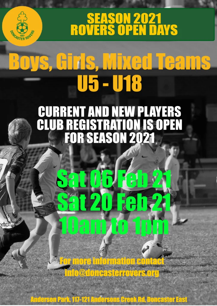 Poster announcing season 2021 club registration is open for current and new players, with open days Saturday 6 and Saturday 20 February 2021, 10am to 1pm, for teams under 5 to under 18.