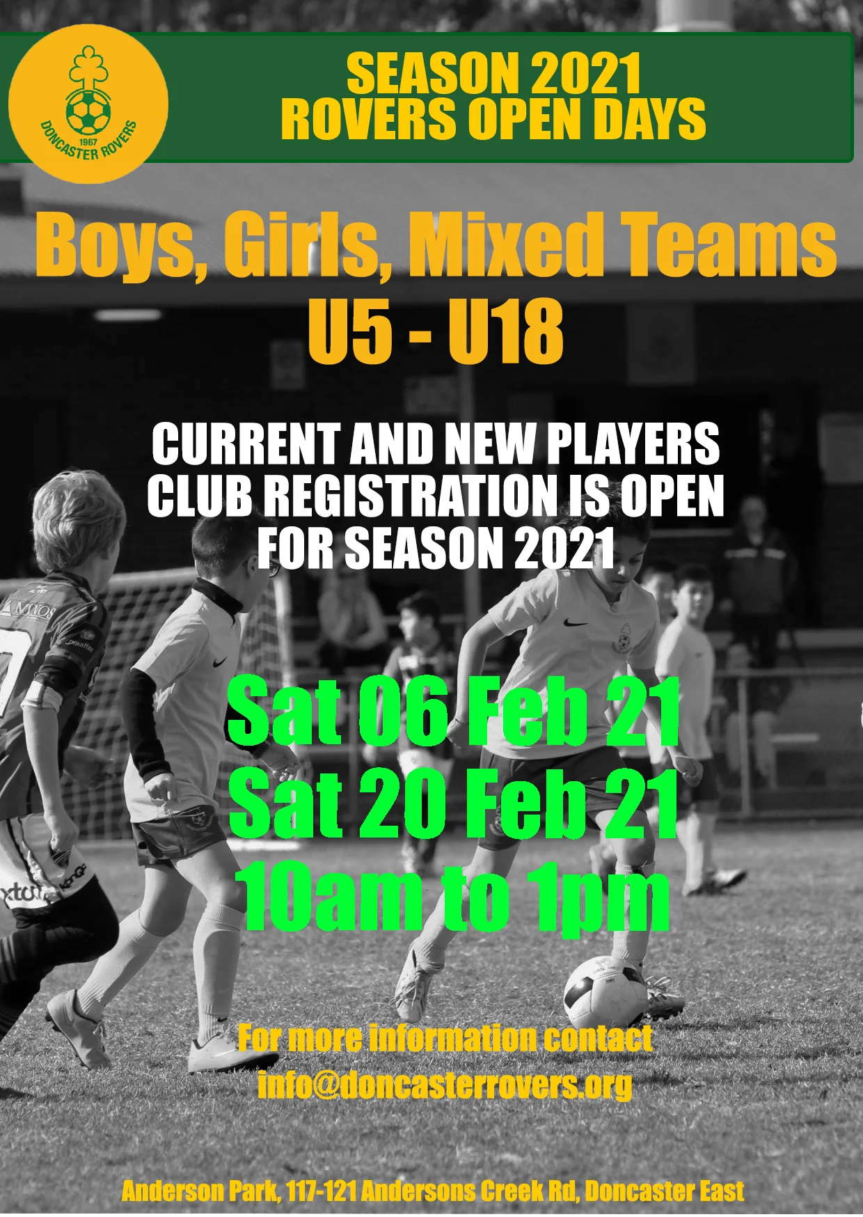 Poster announcing season 2021 club registration is open for current and new players, with open days Saturday 6 and Saturday 20 February 2021, 10am to 1pm, for teams under 5 to under 18.