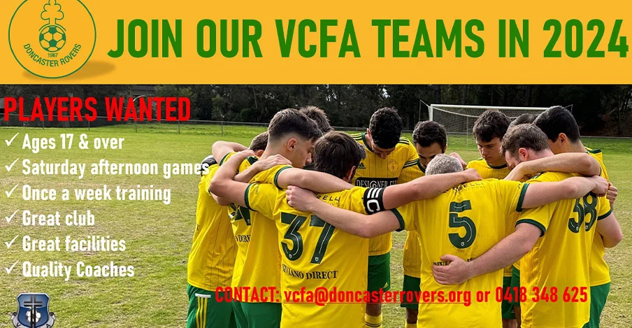 Recruitment poster for the club’s 2024 VCFA teams, showing players huddled together. Players aged 17 and over wanted for Saturday afternoon games with once a week training.
