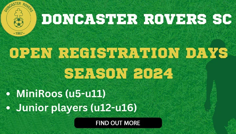 Poster for the club’s season 2024 open registration days, for MiniRoos aged under 5 to under 11 and junior players under 12 to under 16.